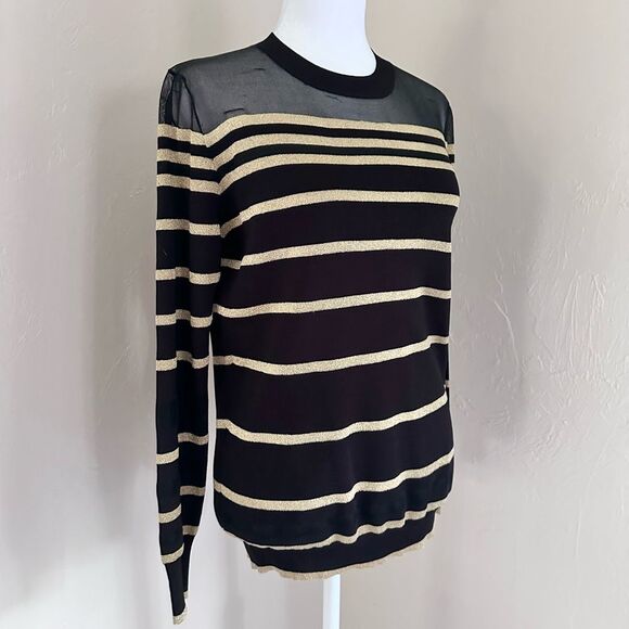 3.1 Phillip Lim Black and Gold Metallic Striped Sweater w/ Sheer Panel XS - Picture 2 of 14